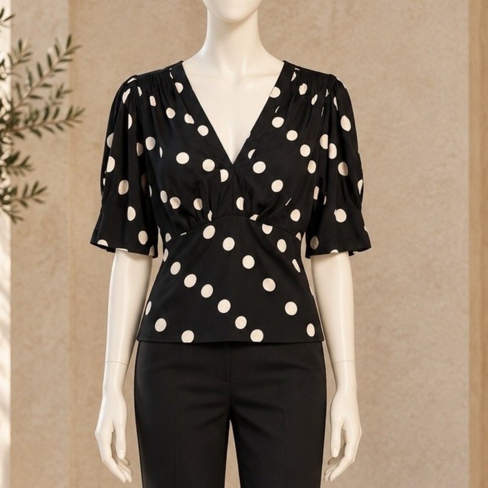 Anthropologie Women Polka Dot V-Neck Smocked Back Puff Sleeve Blouse Size Small